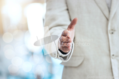 Image of Businessman, handshake and meeting, greeting or introduction for recruitment, hiring or partnership. Closeup of man recruiter shaking hands or sign for deal agreement, b2b or collaboration on mockup