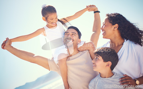 Image of Happy family, love and beach piggyback with kids and parents bonding on blue sky background. Travel, smile and children with mom and dad on ocean vacation, holiday or trip, excited and joy in Miami