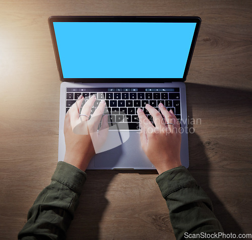 Image of Top view, hands or laptop green screen for woman in night research, internet browsing or web design mockup in home office. Above, blue or mock up for working late person typing on technology branding