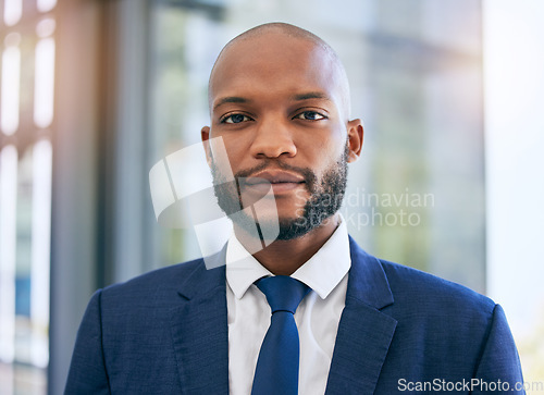 Image of Business man, portrait and corporate lawyer in a office with success and company ideas. Law, management and African ceo worker face of legal job growth with lens flare and blurred background