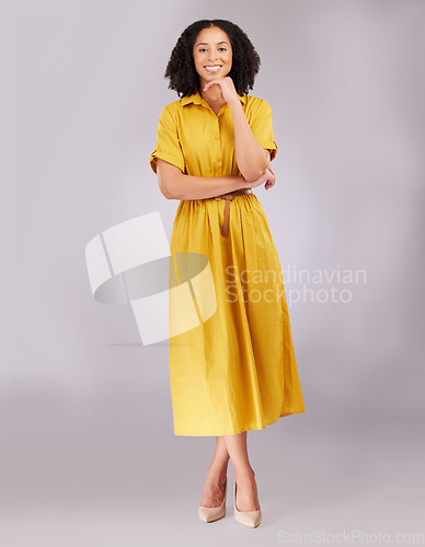 Image of Business woman with smile in portrait, confidence and career success with positive mindset on studio background. Happy corporate female, professional and empowerment with pride and mockup space