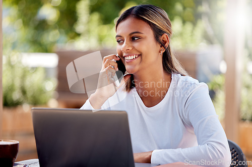 Image of University, phone call and laptop with Indian woman at cafe for remote learning, happy and online exam. Contact, technology and college with student at coffee shop for education, project and school