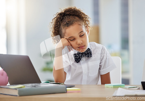 Image of Playing, working and little girl pretending to sleep while acting and tired from work. Bored, fatigue and a child sleeping while sitting for a business game, childhood recreation and hobby at home