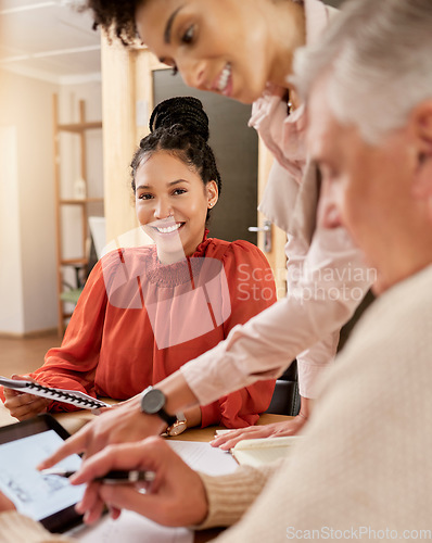 Image of Corporate business, meeting and planning portrait of a woman with documents and tablet in office. Face of a female entrepreneur and man at table for team collaboration, teamwork and strategy or plan