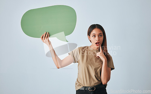 Image of Woman, speech bubble and thinking in studio for thought, social media or problem solving with opinion. Girl student, model and paper poster for opinion, ideas and think with mindset with mockup space