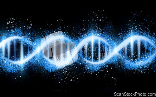 Image of DNA structure, genetic code isolated on black background, science with neon blue and glowing light. Evolution, helix and molecular genome cell, RNA with gene and link with scientific and abstract