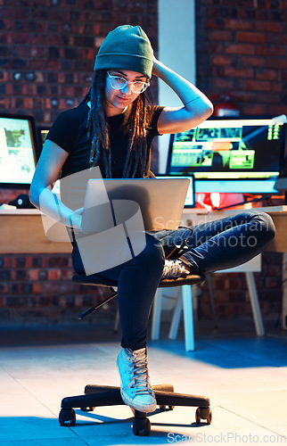 Image of Woman hacker, night and think with laptop, confused and coding with data analysis for information technology. Female IT expert, computer or cyber crime with problem solving, thinking and development