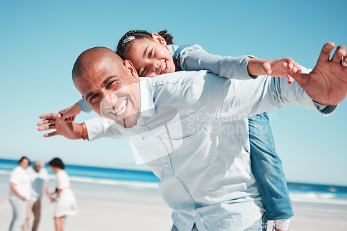 Image of Portrait, beach and airplane by father and girl, happy and excited for travel, day off or game on blue sky background. Face, piggyback and girl with parent at sea, playing and traveling in Mexico