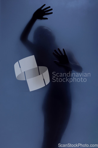 Image of Woman silhouette, curtain and sexy shadow with creative art deco, window or palm with body health. Girl, model and hands on glass with smoke, dark aesthetic and sensual person or wellness by screen