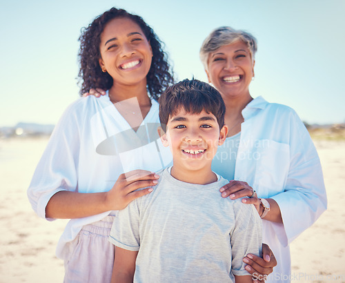 Image of Portrait of mom, grandma and child at beach, smile and happy family bonding together on ocean vacation. Sun, fun and happiness for mother, senior woman and kid in Cancun on summer holiday in Mexico.