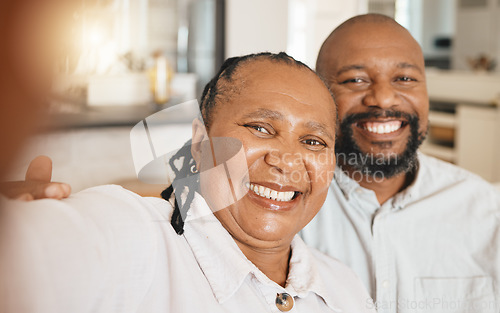Image of Smile, selfie and mature black couple on sofa in home with happiness and love in relationship together. Self portrait, happy man and woman taking romantic picture for social media in South Africa.
