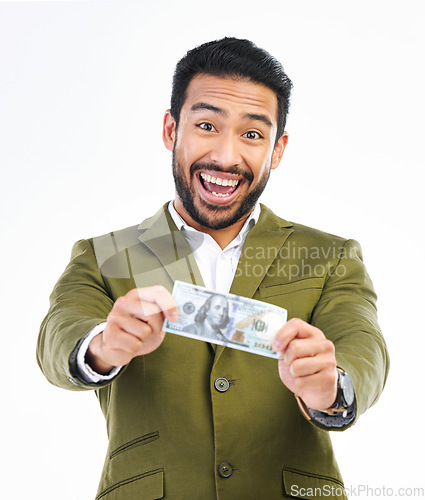 Image of Money, cash and excited business man on studio background for investment, bonus and stock market. Finance success, winner and isolated happy male with bills for winning, profit and wealth savings