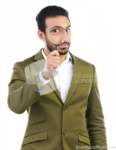 Image of Portrait, business and Asian man with magnifying glass, investigator and audit at company isolated against white studio background. Face, Japanese male employee and guy with compliance and fair trade