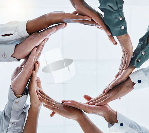 Image of Teamwork, collaboration and hands of business people in circle for motivation, support and connect in office. Diversity, team building and below view of men and women palms for goal, trust or mission