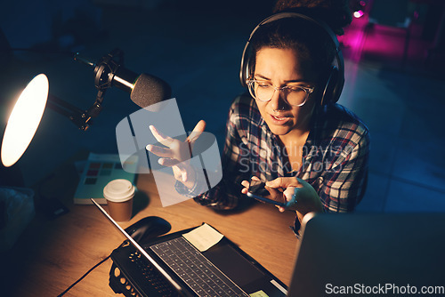 Image of Podcast, live streaming and woman on microphone speaking, advice or broadcast on gen z platform and night neon. Influencer person with voice talking on mic for news, politics or media report on radio