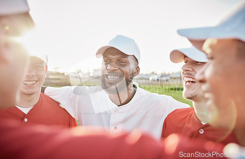 Image of Teamwork, baseball huddle or men with motivation, hope or faith in training workout match or game on sports field. Softball, smile or leadership with happy athlete group excited for mission goals