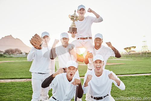 Image of Baseball team, trophy win portrait and men with award from teamwork, game and fitness. Winner, sunset and happy collaboration of excited athlete group together with competition achievement outdoor