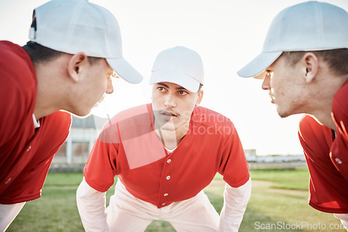 Image of Teamwork, baseball or sports men planning with motivation, hope or faith in training workout match or game. Softball huddle, fitness or leadership with athlete group ready for mission goals on field