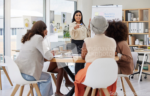 Image of Business meeting, woman communication and team of women employee group with presentation. Whiteboard, happy worker and planning of staff from analysis collaboration and teamwork of working team