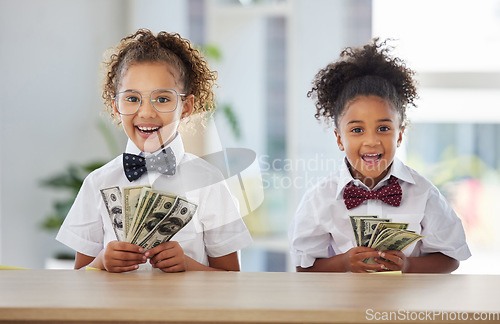 Image of Business, smile and children in office with money, education in budget management and financial planning. Portrait of girls, accounting and investing in future finance with happy corporate girl kids