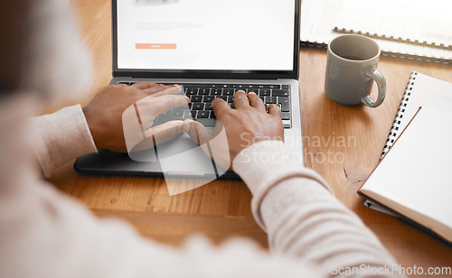 Image of Business man, hands and laptop typing of a corporate worker with workplace notes for project. Writing, email and person with notebook and research analysis for online reading and career report