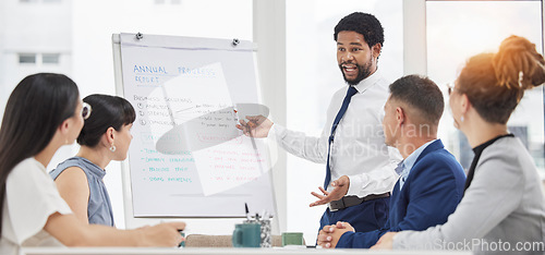 Image of Businessman, coaching and meeting on whiteboard for planning, strategy or idea in boardroom at office. Black man mentor coach training staff or business people in corporate presentation at workplace