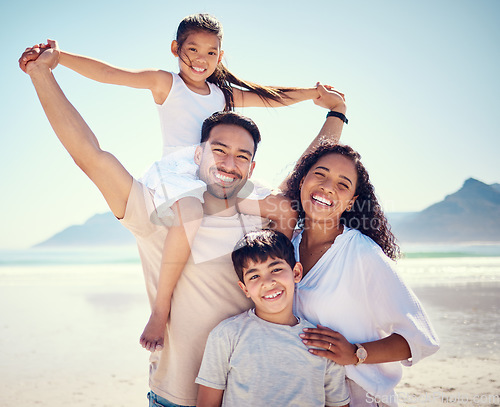 Image of Beach, family and portrait of parents with kids, smile and happy bonding together on ocean vacation. Sun, fun and happiness for hispanic man, woman and children on summer holiday adventure in Mexico.