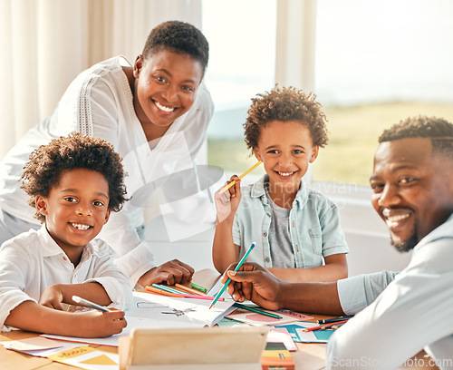 Image of Elearning portrait, children and education with mother and father help of black family in a home. Student boys, tablet learning and online school development app with happiness and smile in a house