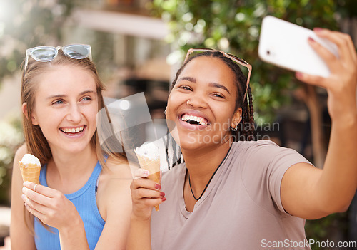 Image of Friends, icecream and laugh in selfie outdoor with travel, happy with dessert and spending time together on vacation. Social media post, funny with picture and young female eating gelato in Italy