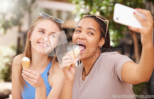 Image of Friends eating ice cream, selfie outdoor with travel and happy with dessert and spend time together on vacation. Social media post, smile in picture and young female with gelato in Italy on holiday
