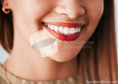 Image of Woman, smile and closeup of dental wellness, healthcare and dentist of female veneers. Happy, cosmetics and young person with teeth whitening, lipstick and healthy clean mouth with dentistry