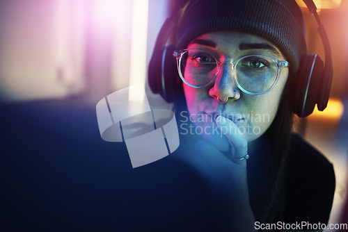 Image of Thinking face, Information technology or woman hacker in dark room at night for coding or cybersecurity. Research, pc software or girl hacking online in digital transformation on internet or website