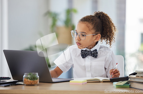 Image of Business, laptop and child play pretend, writing notes and reading for imagination career, learning or education. Focused professional kid or girl for dream job, game or work on computer and notebook