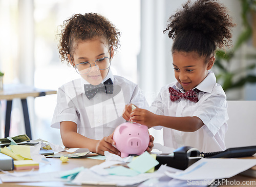 Image of Saving, investment and girls pretending to be business people and learning about finance with a piggybank. Happy, banking and young children playing pretend as bankers with security of cash together