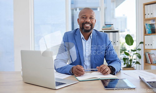 Image of Black man, portrait and laptop for notebook finance, investment growth or savings budget in financial business office. Smile, happy or mature corporate person with technology or accounting paper
