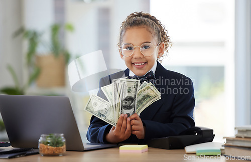 Image of Business, portrait of girl child and cash, smile and glasses, education in money management or budget planning. Happy corporate kid in suit, saving and investing in future finance with kids in office