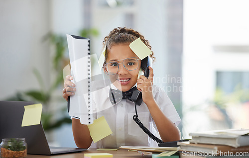 Image of Telephone, stress and child boss in the office with sticky notes and anxious, annoyed and upset face. Frustration, landline and girl kid ceo on a phone call by the desk working in a modern workplace.