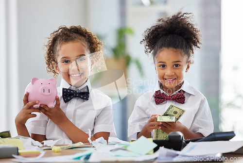 Image of Portrait of children in business with cash, piggy bank and smile, education in money management or budget planning. Portrait of girls, saving and investing in future finance with happy corporate kids