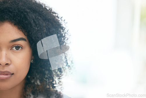 Image of Half, portrait and serious black woman with mockup in office, ambitious and empowered on bright background. Face, mindset and female leader with vision, ambition and confidence, assertive and content