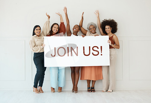 Image of Women, join us and recruitment poster with billboard, mockup or advertising on board for diversity. Female business team or candidate hands happy or excited with hiring opportunity banner or sign