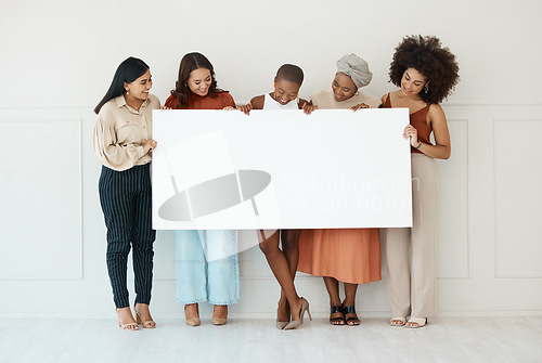 Image of Women, diversity and poster with space for billboard, mockup or advertising on board. Strong and happy entrepreneur female group or team with banner, paper or blank sign for announcement or voice