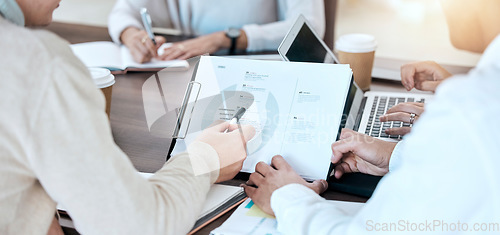 Image of Data analysis, report and businesspeople planning and analyzing graphs for financial growth strategy in a meeting. Hands, teamwork and group of people working together in a corporate office