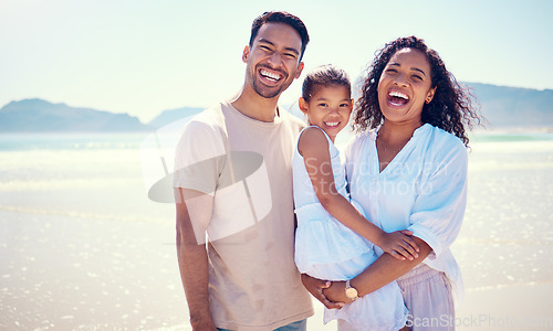 Image of Beach, happy family and portrait of parents with kid, smile and bonding together on ocean vacation. Sun, fun and happiness for hispanic man, woman and girl child on summer holiday adventure in Mexico