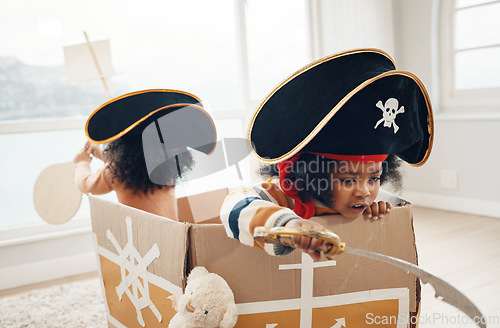 Image of Playing, box ship and pirate children role play, fantasy imagine or pretend in cardboard container. Creative boat, fun home game or sailing black kids on Halloween cruise adventure with yacht captain