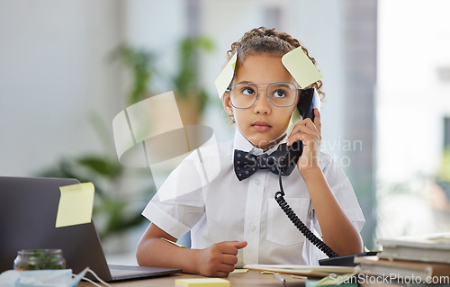 Image of Annoyed, business and telephone with child in office for stress, overworked and communication. Project, angry and burnout with young girl in corporate company for frustrated, busy and pressure
