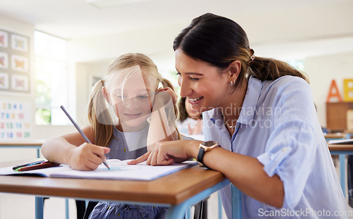 Image of Teacher, learning and helping girl in classroom for drawing, studying or assessment. Teaching, development and kid or student with happy woman for education assistance with notebook in kindergarten.