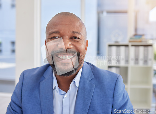 Image of Happy black man, mature or portrait in corporate office, company about us or profile picture of CEO boss. Employee smile, management or person face in financial business or success mindset