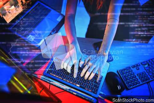 Image of Coding at night, hacker woman hands and computer for cybersecurity, programming and big data overlay. Server hack, dashboard and technology of female working on futuristic, iot and software database