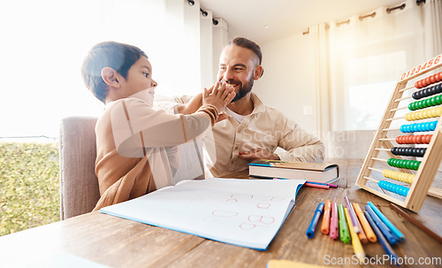 Image of Happy, education and father high five with child to celebrate after studying alphabet, homework help or homeschool. Family success, learning or boy with dad in gesture for development or achievement