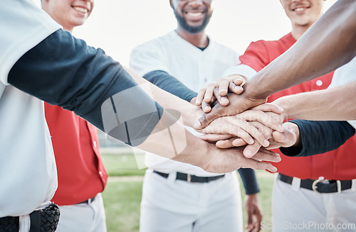 Image of Baseball, sports motivation or hands in huddle with support, hope or faith on baseball field in game together. Teamwork, happy people or group of excited softball athletes with goals or solidarity